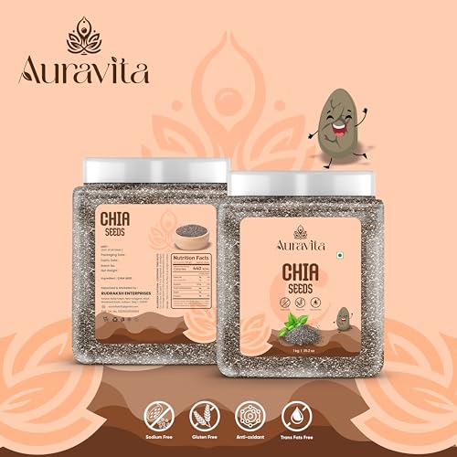 Image of Auravita Premium Chia Seeds 1KG |Rich in Calcium, Protein & Fibre | Beat the Heat | 100% Clean Chia Seeds for Eating | Antioxidant Rich Superfood for Smoothies, Salads & Baking