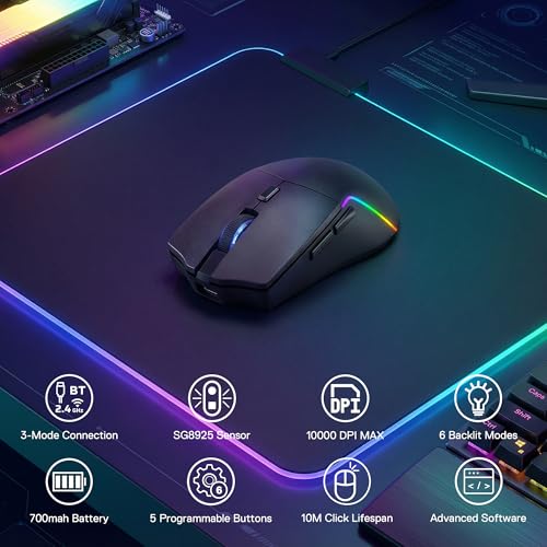 Image of Redragon M730 PRO Wireless RGB Gaming Mouse, 3-Mode Lightweight Optical Mouse with 5 Programmable Buttons, 10000 DPI, Software Supports DIY Keybinds for PC Computer Windows Mac Laptop, Black