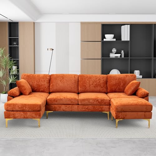 OUYESSIR U-Shaped Sectional Sofa Couch, 4 Seat Sofa Set for Living Room, Convertible L-Shaped Velvet Couch Set with Chaise Lounge, Ottoman and Pillows,114 inches (Orange)