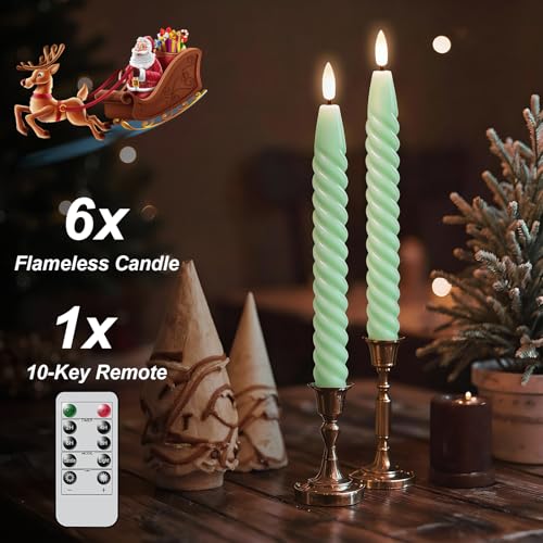 Lot de 6 bougies coniques vertes à mèche 3D LED en cire véritable - 6