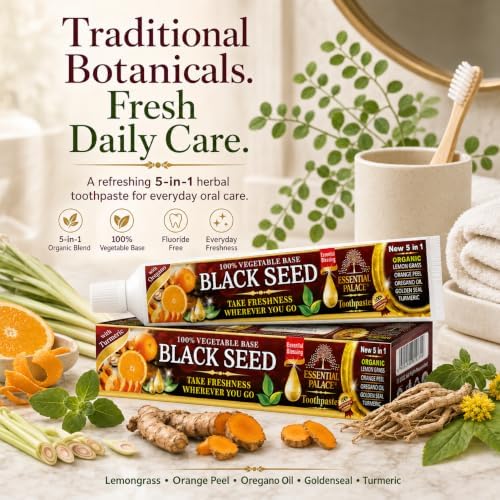 Essential Palace Black Seed Toothpaste, Herbal Whitening 5-in-1 Black Seed, Turmeric, Orange Peel & Lemongrass, Fluoride Free Natural for Fresh Breath, Gum Care & Sensitive Teeth, Pack of 3 — 사진 3