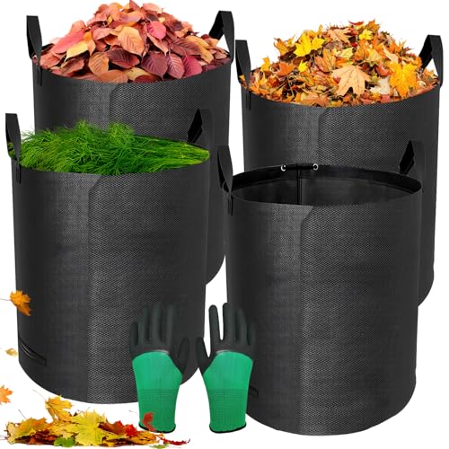 GRIRDDIV Lot de 4 Sacs à déchets de Jardin, 272 L, très résistants avec poignées, Étanche, Gants Autonome 4 poignées Stable Robuste Pliable, Sacs de...