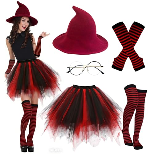 LXWINNER Halloween Kostüm Damen Hexe Witch Kostüm mit Hexenhut Tüllrock Tütü Gestreifte Socken Brille Lange Handschuhe Hexenkostüm Damen Set für Halloween Karneval Dress Up Party Cosplay