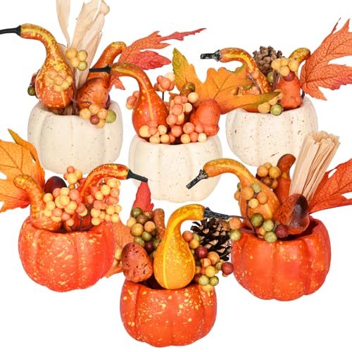 Fall Decor, Fall Centerpieces for Tables, 6Pcs Fake Pumpkin Decorations, Artificial Pumpkins for Decorating, Faux Fall Decorations for Home Thanksgiving Halloween Indoor Outdoor
