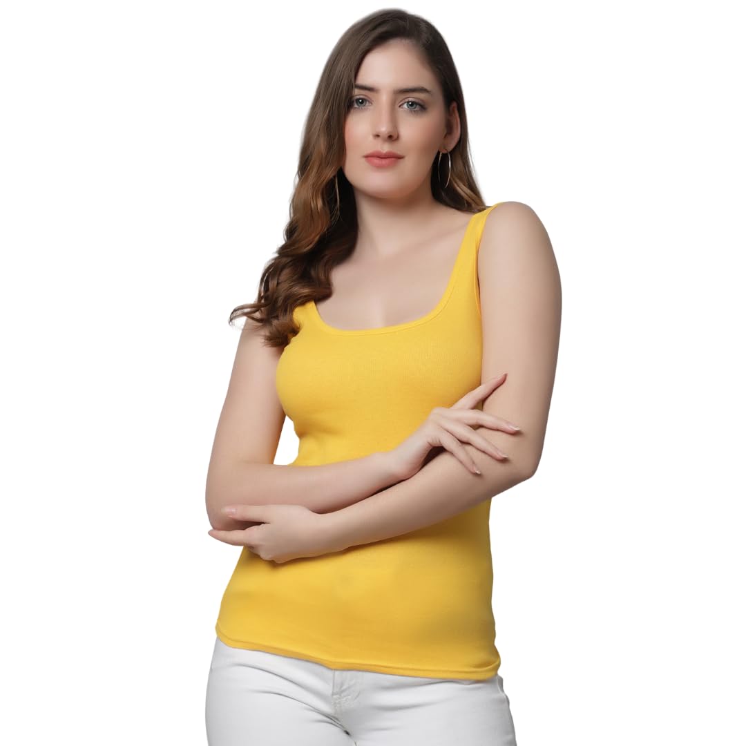 Women’s & Girls Cotton Tank Top | Round Neck Sleeveless Innerwear or Layering Top | Soft, Breathable Stretchable Fabric | Casual, Gym Comfort | Yellow Color-image-29