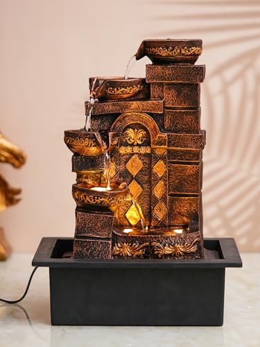 Image of CHRONIKLE Polyresin Designer Table Top Indoor Home Decor 4 Steps Waterfall Fountain with Yellow LED Lights & Water Flow Controller Pump (Size: 40 x 29.5 x 22CM | Weight: 2185grm | Color: Golden Brown)