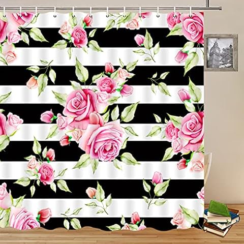 Yadshoti Pink Rose Floral Shower Curtains Watercolor Flower Plant Green Leaf Black and White Striped Backdrop Valentine's Day Bathroom Decor Cloth Curtain Set 70 x 70 Inch with Hooks Cover