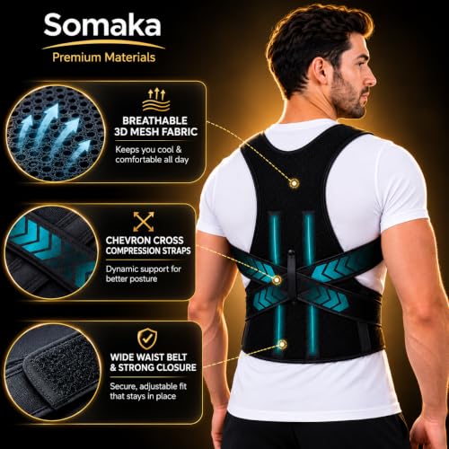 Image of Somaka Posture Corrector Belt for Men & Women - Adjustable Back Brace for Clavicle Support, Hunchback & Back Straightener - Invisible Under Clothes, Neck & Shoulder Pain Relief