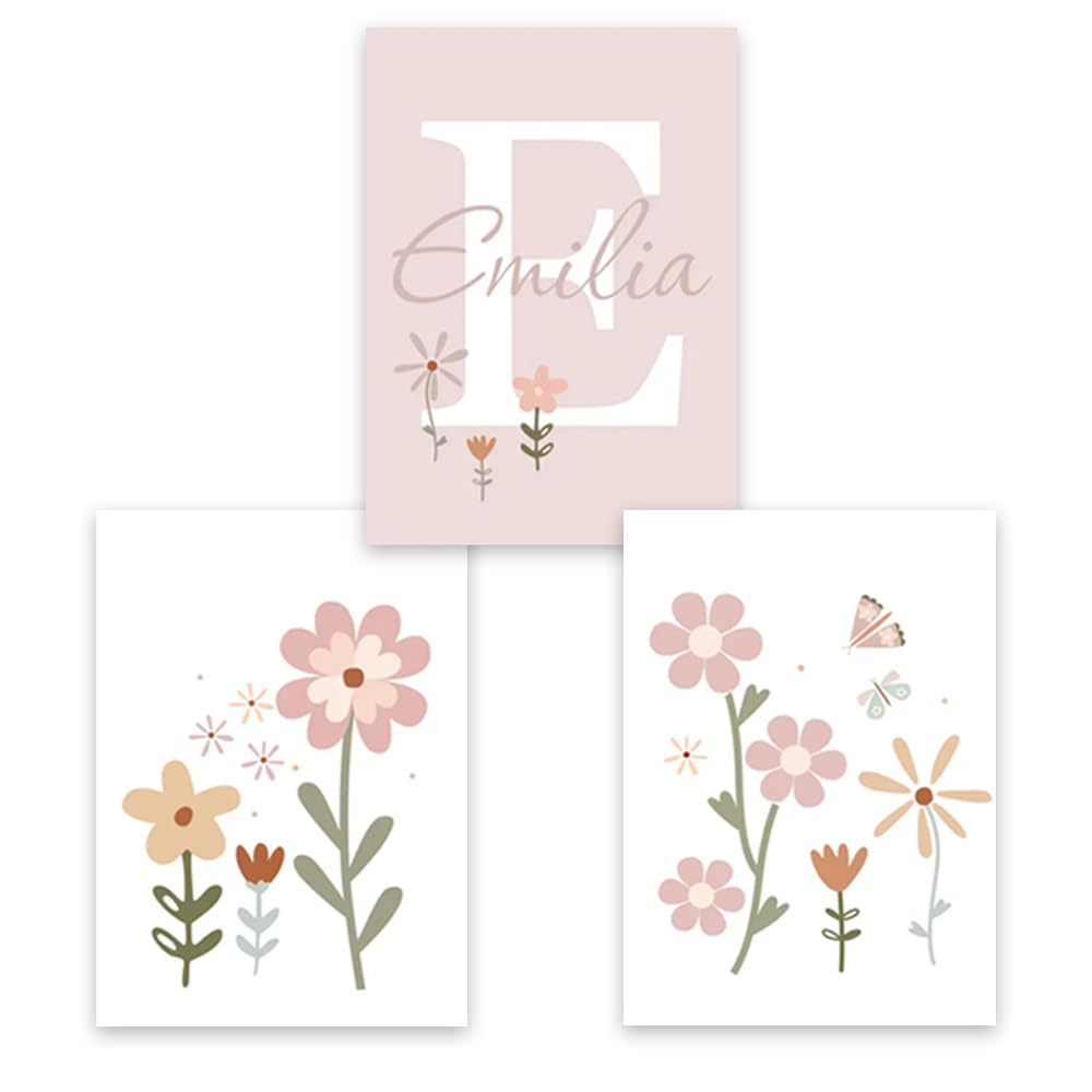 3 Affiche Prenom Personnalisé Bebe 30x40cm Tableau Chambre Fille Rose Fleurs Poster Decoration Murale Chambre ado Fille Enfant Toile Chambre Bébé Fille Cadeau sans Cadre