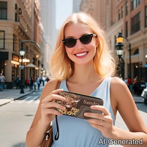 Image of Bulopur Womens Wallet Wristlet Custom Name Sunflower Highland Cow Print Slim Purse Wallet Small Wallets For Women Coin Purse Id Card Holder Clutch RFID Long Wallets With Slots Zipper Around