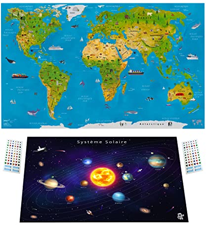 WIDETA Carte du monde illustrée en français, pour enfants et adultes/Poster extra large (82 x 44 cm), Papier plastifié extra épais 300 g/m²/ Inclus poster...