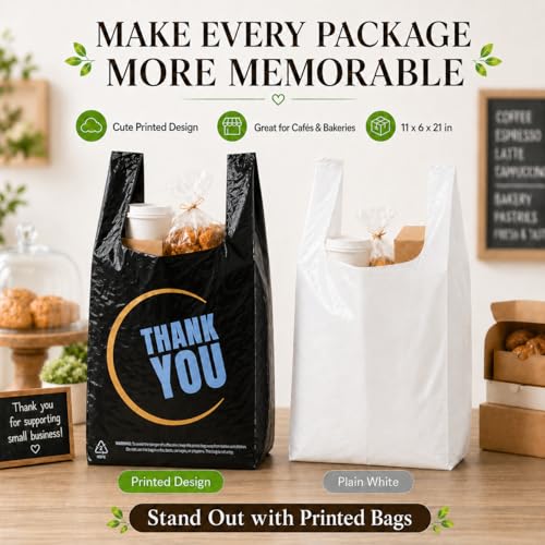 Image of YoYoRain Black Thank you T shirt bag, Grocery shopping bag Reusable and Disposable Supermarket Bag 11''x6''x21'' 300PCS