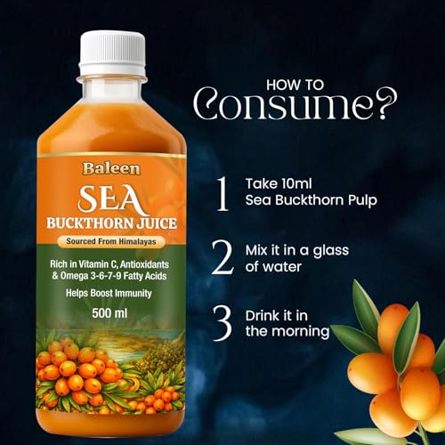 Image of Baleen Sea Buckthorn Juice 500ml (Pack of1) | Himalayan Sea Buckthorn Berry Juice With Omega 3 6 9 & 7 Fatty Acids | Pure Seabuckthorn Pulp Juice with Vitamin C Antioxidants