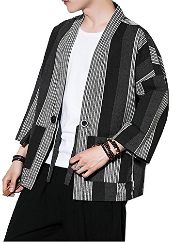 Men's Cotton Linen Retro Striped Kimono Cardigan Cloak Jacket 2XL (Black Striped, Medium)
