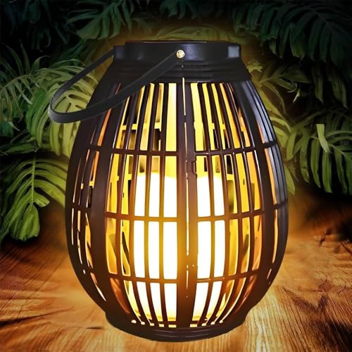 Joycome Lanterne solaire avec effet de flamme pour l'extérieur – Lampe de jardin en rotin, étanche IP44, lampe de table pour terrasse, balcon, tonnelle