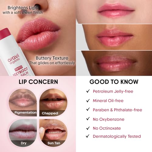 Image of Aravi Organic Beetroot Tinted Lip Balm SPF 50 PA++++ | Lip Balm for Dark, Dry & Pigmented Lips | Kojic Acid, Ceramide & Peptide | Brightening, Hydrating & Sun Protection Lip Balm for Women & Men - 5g