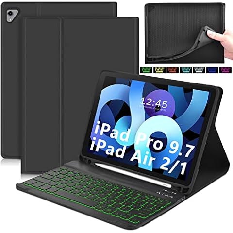 DETUOSI Wireless Bluetooth Keyboard Case for iPad 9.7" 2017/2018 & iPad air 1 & iPad air 2 Tablet #Black Case + Black Backlight Keyboard Cover