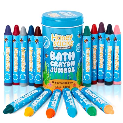 Honeysticks Jumbo Bath Crayons Non Toxic (16 Pack) for Toddlers 1-3 and Kids 4-8, Natural Beeswax Crayons, Food-Grade Colors, Fragrance Free, Non Irritating, Bath Toys for Bathtub, Shower, Gift