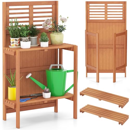 Garden-Potting-Bench-Table-Folding-Potting-Bench-Outdoor-Workstation-with-Trellis-2-Tier-Shelves-Wood-Potting-Table-for-Outdoor-Deck-Balcony-Garden-Backyard Garden Potting Bench Table Folding Potting Bench Outdoor Workstation with Trellis 2 Tier Shelves Wood Potting Table for Outdoor Deck Balcony Garden Backyard