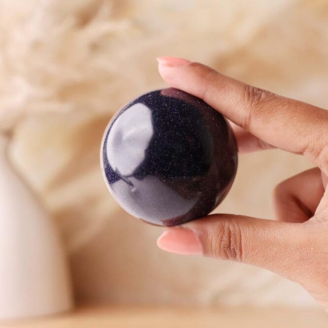 Image of Blue Goldstone Crystal Ball 100-150 Gm with Wooden Stand | Polished Healing Crystal Sphere for Reiki, Meditation, Feng Shui, Vastu Decor & Crystal Collection
