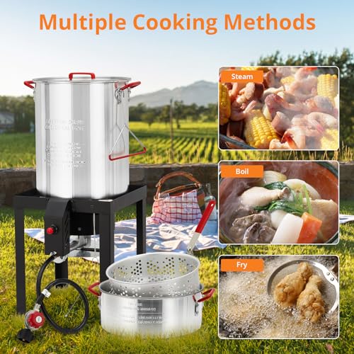 30 Qt Turkey & 10 Qt Fish Fryer Boiler Steamer Set, Aluminum Turkey Deep Fryer Pot, 38, 000 BTU Outdoor Propane Stove Burner Stand for 20 Lbs Turkey, Thermometer, Turkey Rack & Lifting Hook