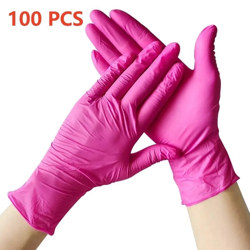 20/50/100 pezzi 3,5 mil fucsia guanti monouso in nitrile lattice senza polvere pulizia domestica for donne tatuaggio bellezza estetista(Rose Red 100PCS L)