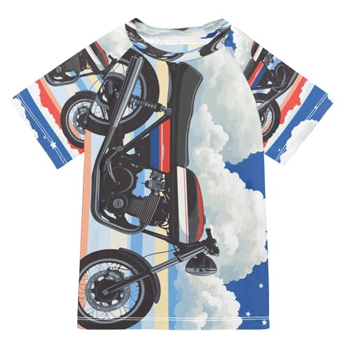 Boys Short Sleeve T-Shirts Motocross Cartoon Rainbow Rashguard Kids Swim Shirts Sun UPF 50+