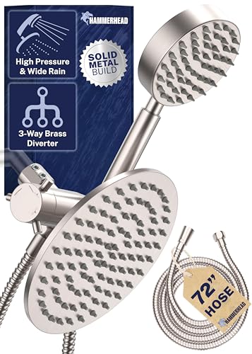 HammerHead Showers® Solid Metal Dual Shower Head Combo – BRUSHED NICKEL – 8 Inch Rainfall High Flow Shower Head & Handheld Shower Head High Pressure with Hose 6ft - Hotel-Like Double Shower Heads