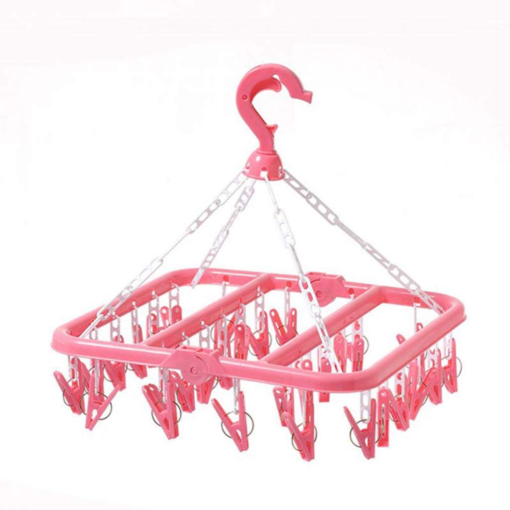 MOBYGKFY Folding Windproof 32 Clip Drying Rack Hanger Towels Socks Underwear Drying Rack Can Be Hanged a Shower Curtain Rod(Roze)