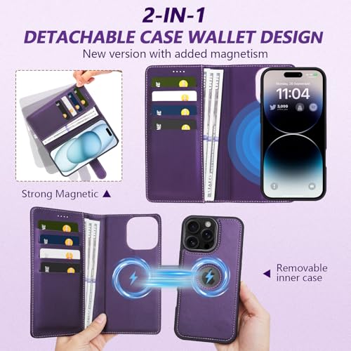 KSELF 2 in 1 PU Leather for iPhone 16 Pro Max Case, Detachable Wallet Case with Card Holder, Removable Flip Folio Cover with RFID Blocking, Stand Shockproof Phone Cover(Compatible with MagSafe) Purple by KSELF - Used condition - Image 3