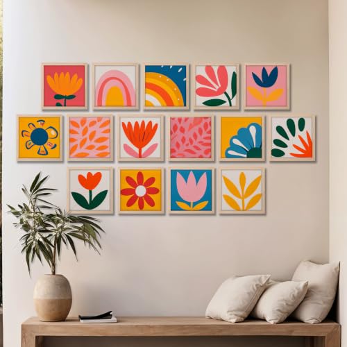 Image of NoWorries Colorful Floral Wall Painting Set of 15 with Frame | Modern Abstract Flower, Rainbow, Leaf & Botanical Artwork | Kids Room, Living Room, Bedroom Office and Home Decoration Wall Decor (Art-1, Frame Size-10x10 inches)