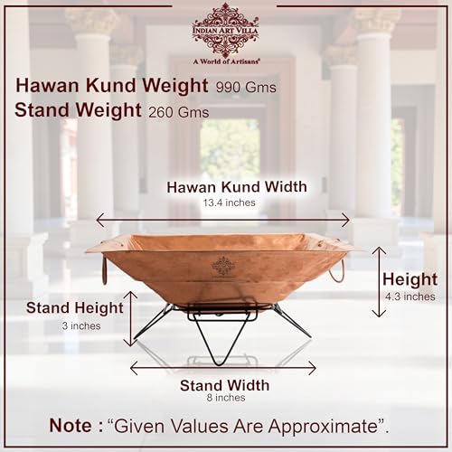 Image of Indian Art Villa Pure Copper Hawan Kund with Stand & Side Handles, Traditional Yagya, Hawan & Poojan Kund for Home Mandir, Festivals & Religious Ceremonies, 4.3 x 13.4 Inches