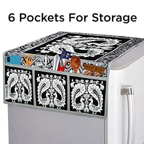Image of Fridge Cover for Top, Polyester 3-Layered Freeze Cover for Top, Refrigerator Cover With 6 Utility Pockets and Peacock Design (Black, 39x21 In)