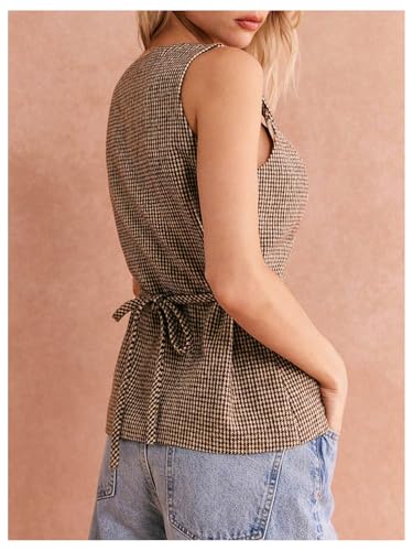 GORGLITTER Women's Tweed Blazer Vest Tops Sleeveless Square Neck Business Casual Cardigan Vests Western Cowgirl Outfits3
