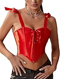 Alivila.Y Fashion Womens Satin Lace Overbust Corset Top Asymmetrical Hem Bustiers X682-Red-L