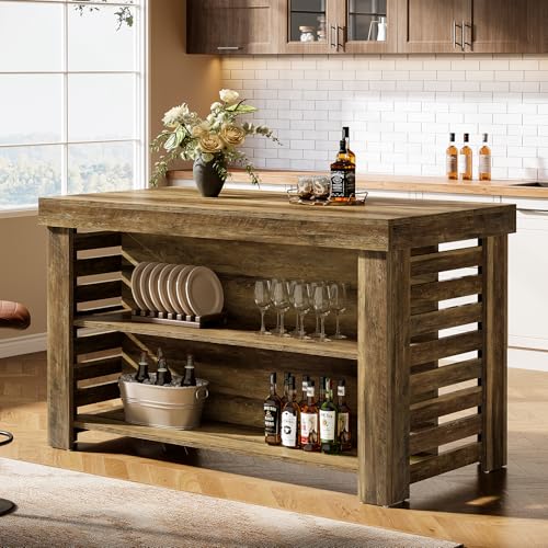 Tribesigns 55\" Kitchen Island with Seating and Storage, 3-Tier Farmhouse Wood Stationary Island Table with Large Work Surface & Leg Room, Coffee Bar Table with Storage Shelves for Kitchen, Dark Brown - Thumbnail 3