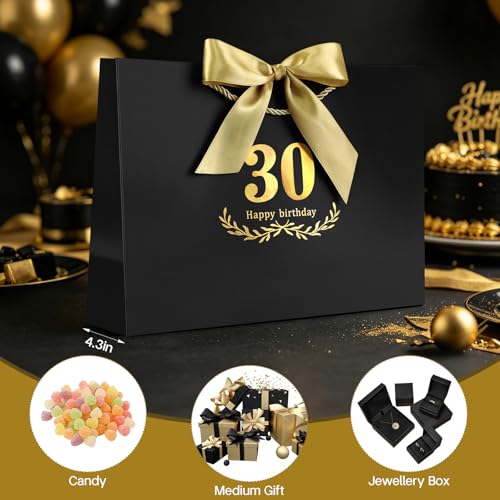 Image of JMANNI Black Gold 30th Birthday Gift Bag with Card and Tissue Paper, 14.2 inchx9.84 inchx4.3 inch Large Present Bag for Adults, 30 Year Old Birthday Keepsake Party Supplies