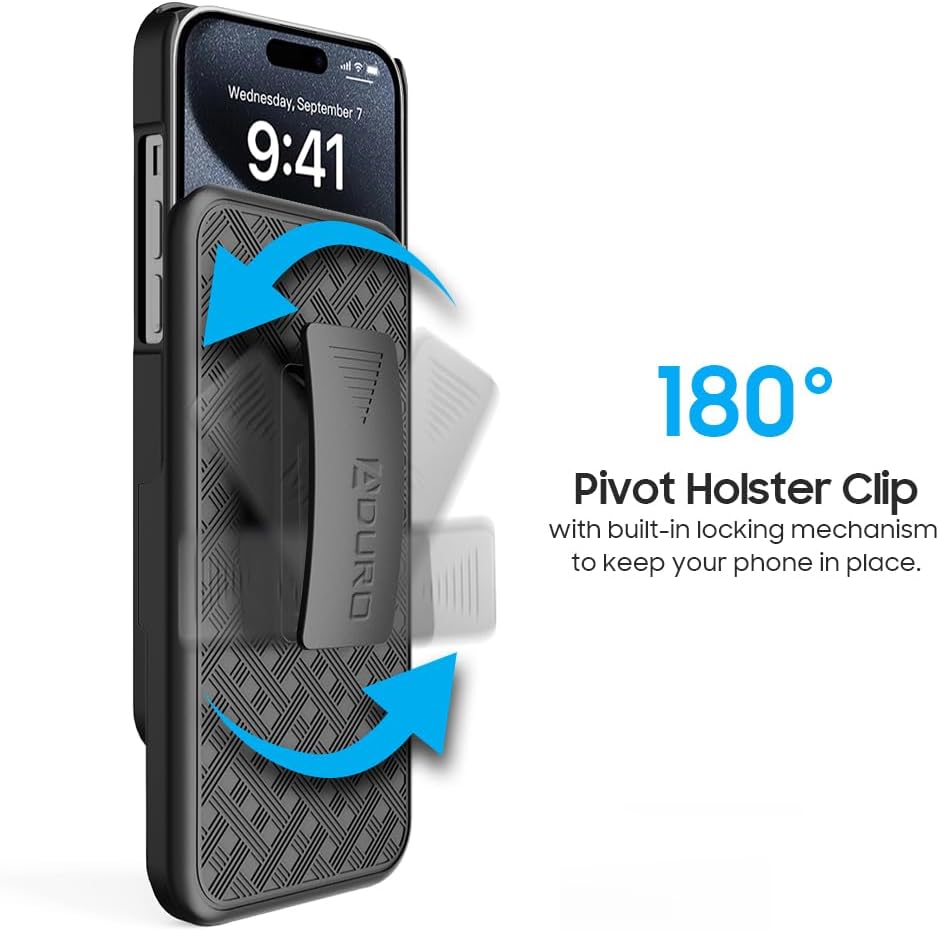 Aduro Combo Case with Kickstand & Holster for iPhone 15 Pro Max, Slim Shell & Swivel Belt Clip Holster, with Built-in Kickstand for Apple iPhone 15 Pro Max (6.7") - Image 3