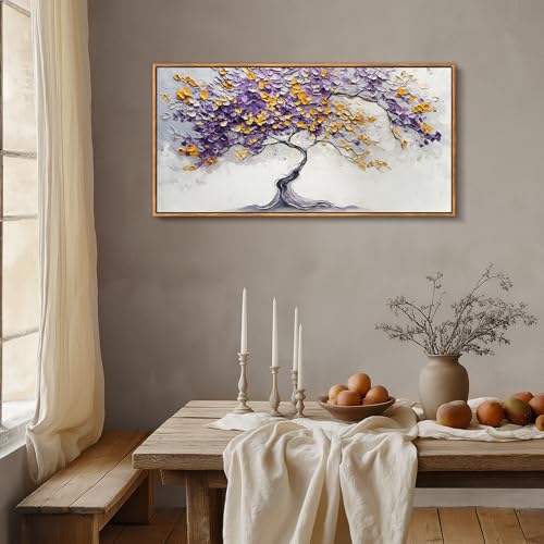 crmotu Tree of Life Framed Wall Art Large Artwork, Purple Gold Tree Abstract Art Prints, Nature Plant Aesthetic Canvas Art Wall Decor Living Room Bedroom, Zen Spiritual Home Decor Paintings 24x48inch