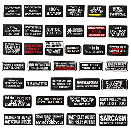 CDzyzh Iron On Patch Funny Phrases Slogan Letter Sew on/Iron on Word Embroidered Patches for Motorcycle Biker Vest Jackets Backpacks Jeans Hat Clothing Bag Gear Uniform 36pcs