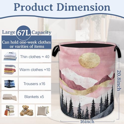 Image of Mountains Laundry Basket,Foldable Oxford Cloth Sun Forest Golden Pink Laundry Hamper with Handles, 20.8 inchx16 inch Tote Bag Clothes Storage Bucket for Laundry Room /Bathroom /Bedroom /Dormitories