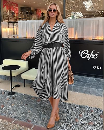 Shirt Dresses for Women 2025 Striped Fall Long Sleeve V Neck Midi Dress Loose Business Casual Shirtdress with Belt4