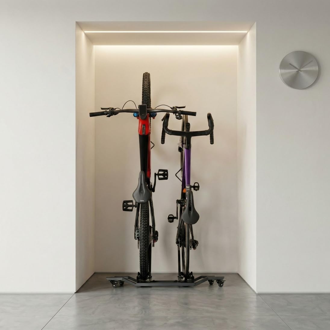 RTR BIKES Double Up Support Vélo Sol Vertical pour 2 Vélos - Râtelier Mobile sur Roulettes - Charge 60kg (2x30kg) idéal VTT & VAE - Gain de Place 0,5m² - Sans Perçage - Made in EU