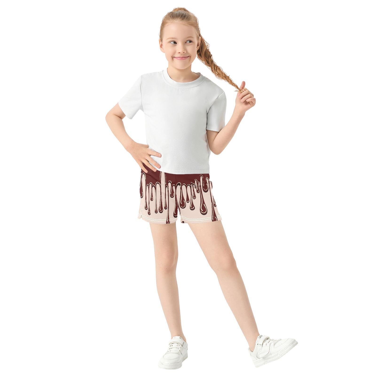 pnyoin Girl's Shorts Brown Dripping Chocolate Athletic Running Shorts with Pockets Size 12-13t