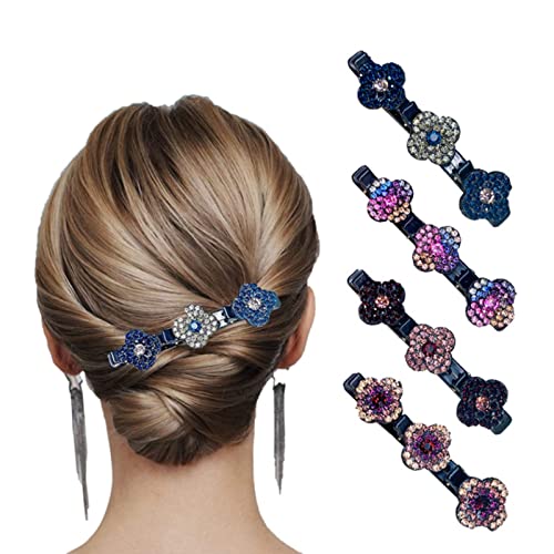Lot de 4 bandeaux à cheveux en tissu satiné avec trois fleurs latérales, pinces à cheveux à strass pour coiffer, pinces à cheveux pour femmes, filles (4 pièces) Cover
