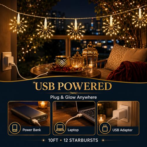 Image of One94Store 12 Starburst Sparkle LED String Lights, USB Powered Warm White Decorative Fairy Lights for Diwali, Christmas, Wedding, Party, Bedroom, Balcony, Patio & Home Decor