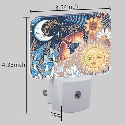 Image of Boho Moth Mushroom Night Light for Kids, Sun and Moon With Faces LED Night Light Plug into Wall with Dusk to Dawn Sensor for Girls Boys Women Men Room, Hallway, Kitchen, Bathroom, Stairs Decor