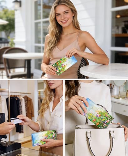 Image of Immaturus Floral Womens Wallet, Slim Thin RFID Blocking Card Wallets, Bifold PU Leather Credit Card Holder Organizer, Cute Cash Clutch Long Billfold with Zipper Coin Pocket Ladies Girls Gift