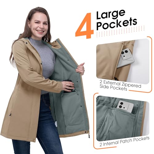 33,000ft Women's Softshell Long Jacket with Hood Fleece Lined Windproof Warm up Waterproof Windbreaker