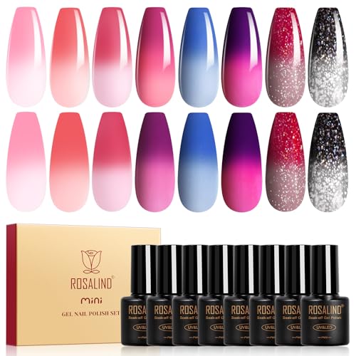 ROSALIND Color Changing Gel Nail Polish 8 Colors Temperature Mood Change Gel Polish Soak Off UV Pink Red Purple Colors Thermal Nail Polish Set for Home Salon Manicure